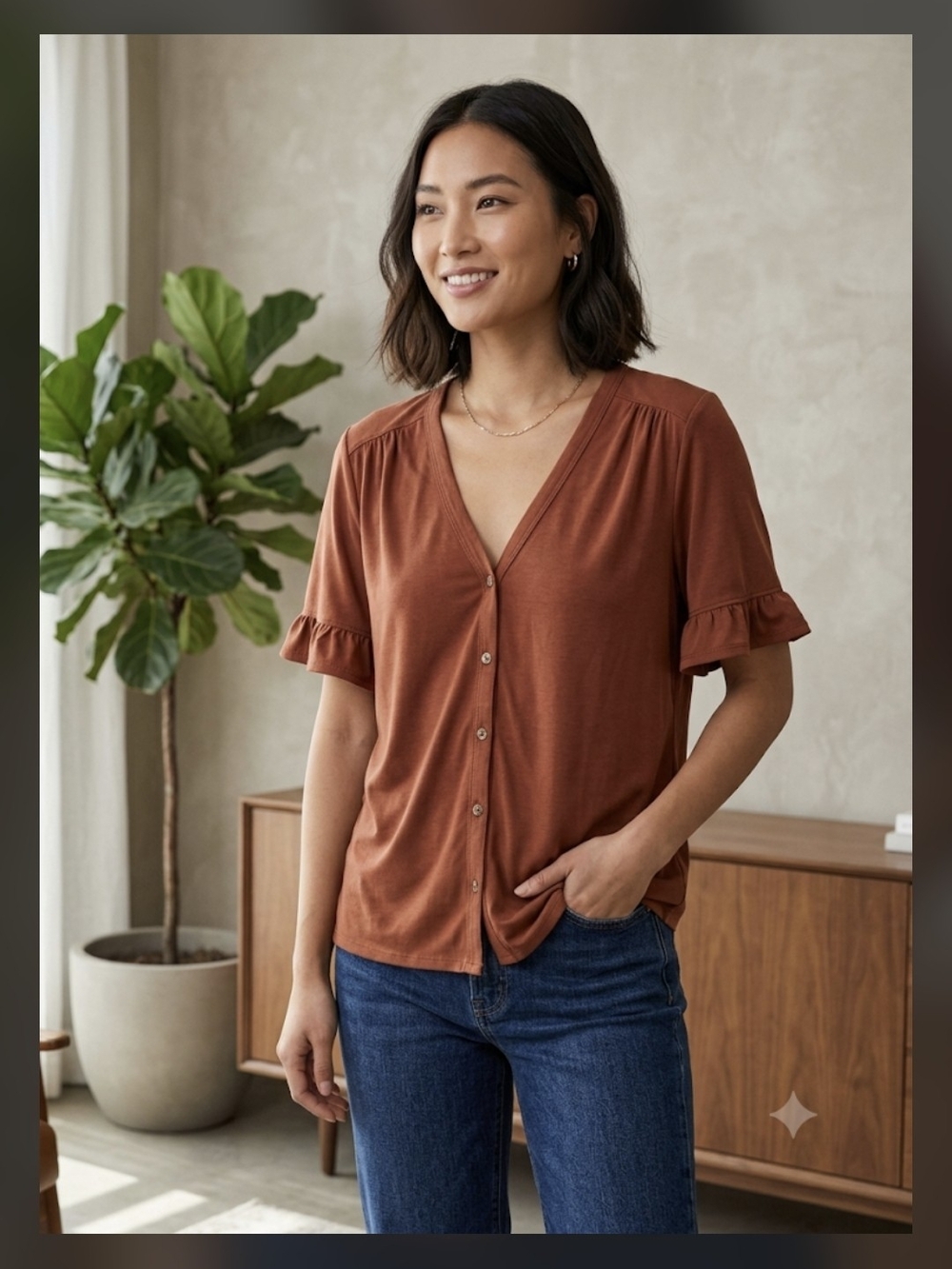 Green Envelope Rust Button-Front V-Neck Top with Ruffle Sleeves